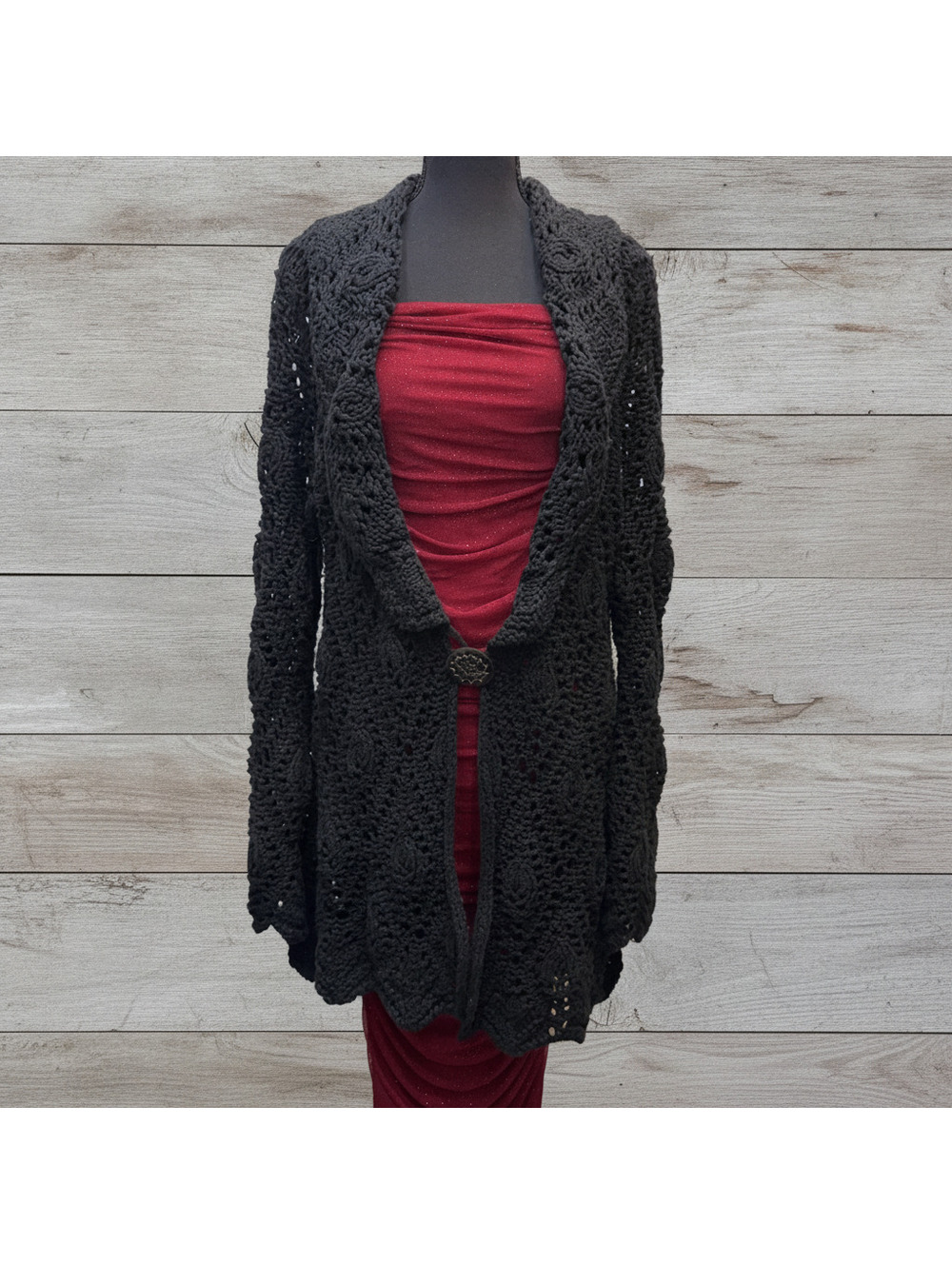 Black Crochet Knit Willow Duster Cardigan Sweater M